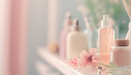 Beautiful spa concept pink background. Natural organic skin and body care cosmetic products. Indoor background with copy space. AI generative image.