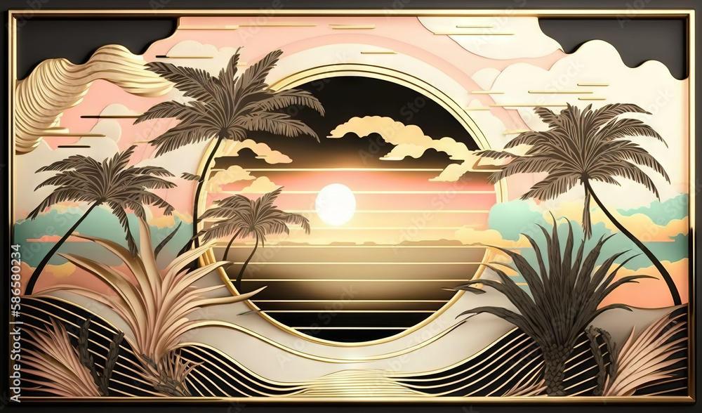 Poster a painting of a sunset with palm trees and clouds in the background, with a gold frame and a black b