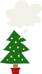 cartoon christmas tree and thought bubble in retro style