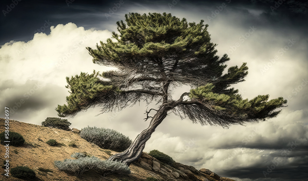 Poster a lone pine tree on a rocky hill under a cloudy sky with a dark sky in the background and clouds in 
