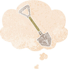cartoon shovel and thought bubble in retro textured style