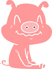 nervous flat color style cartoon pig sitting