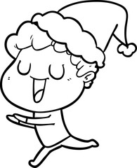 laughing line drawing of a man running wearing santa hat
