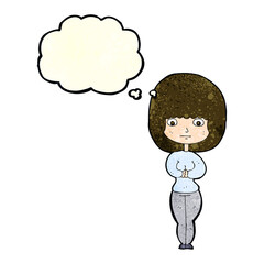 cartoon shy woman with thought bubble