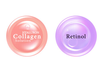 pink hyaluronic acid skin solutions ad, purple retinol solution, serum drops, illustration vector.