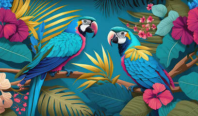  two colorful parrots sitting on a branch surrounded by tropical leaves and flowers on a blue background with pink and yellow flowers and green leaves.  generative ai