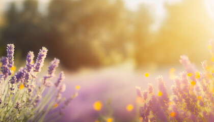 Fototapeta na wymiar Provence lavender flowers cozy background. Beautiful nature outdoor background. AI generative image.