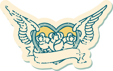 distressed sticker tattoo style icon of a flying heart with flowers and banner