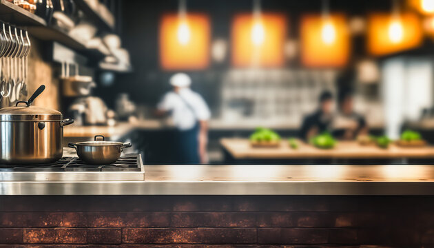 Professional restaurant kitchen with blurred cook on backdrop. Indoor background. AI generative image.