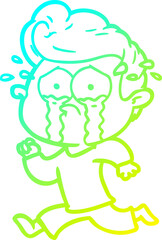 cold gradient line drawing cartoon crying man running