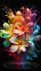 Beautiful abstract plumeria flowers with bright colored powder explosion. Floral mobile vertical splash screen template. AI generative image.