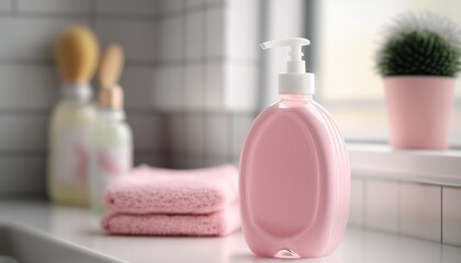 Fototapeta na wymiar Cozy bathroom background with pink liquid soap bottle. Indoor background. AI generative image.