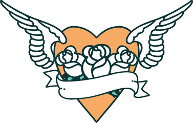 tattoo style icon of a heart with wings flowers and banner