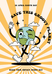 Eco poster or card in groovy retro cartoon style. Happy earth day, environment day ecology elements design. Trendy vintage lettering, cute earth planet character on retro background concept. Isolated