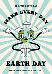 Eco poster or card in groovy retro cartoon style. Happy earth day, environment day ecology elements design. Trendy vintage lettering, cute earth planet character on retro background concept. Isolated
