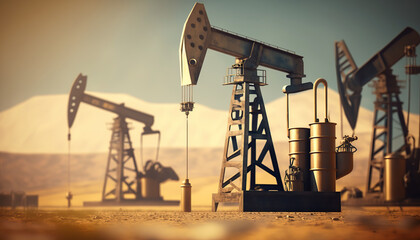Oil pump, fuel produce illustration. Industrial background with copy space. AI generative image.