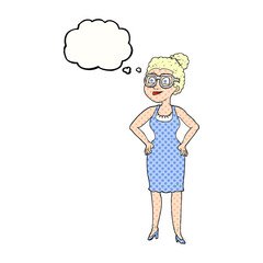 thought bubble cartoon woman wearing glasses