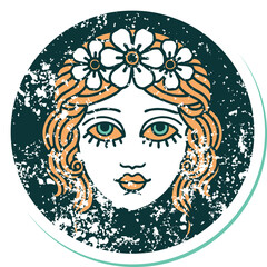 distressed sticker tattoo style icon of female face with crown of flowers