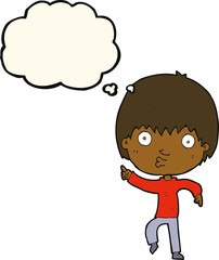 cartoon impressed boy pointing with thought bubble