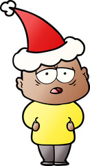 gradient cartoon of a tired bald man wearing santa hat