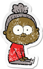 distressed sticker of a cartoon happy old woman