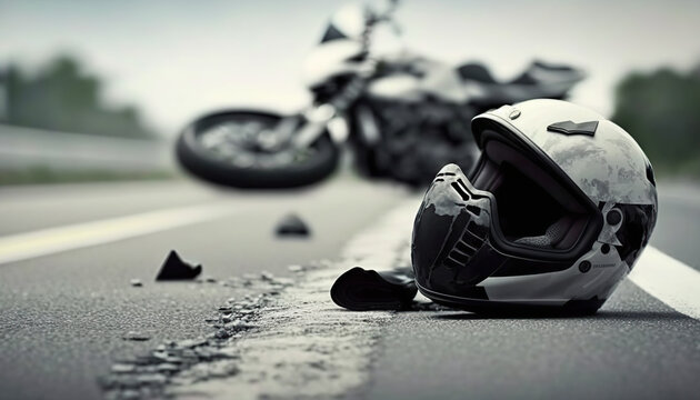 Motorcycle crash road accident with broken motorbike and helmet. City background. Banner with copy space. AI generative image.