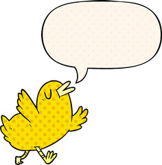 cartoon happy bird and speech bubble in comic book style