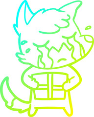 cold gradient line drawing crying fox cartoon with parcel