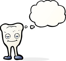 cartoon happy tooth with thought bubble