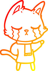 warm gradient line drawing crying cartoon cat wearing winter clothes