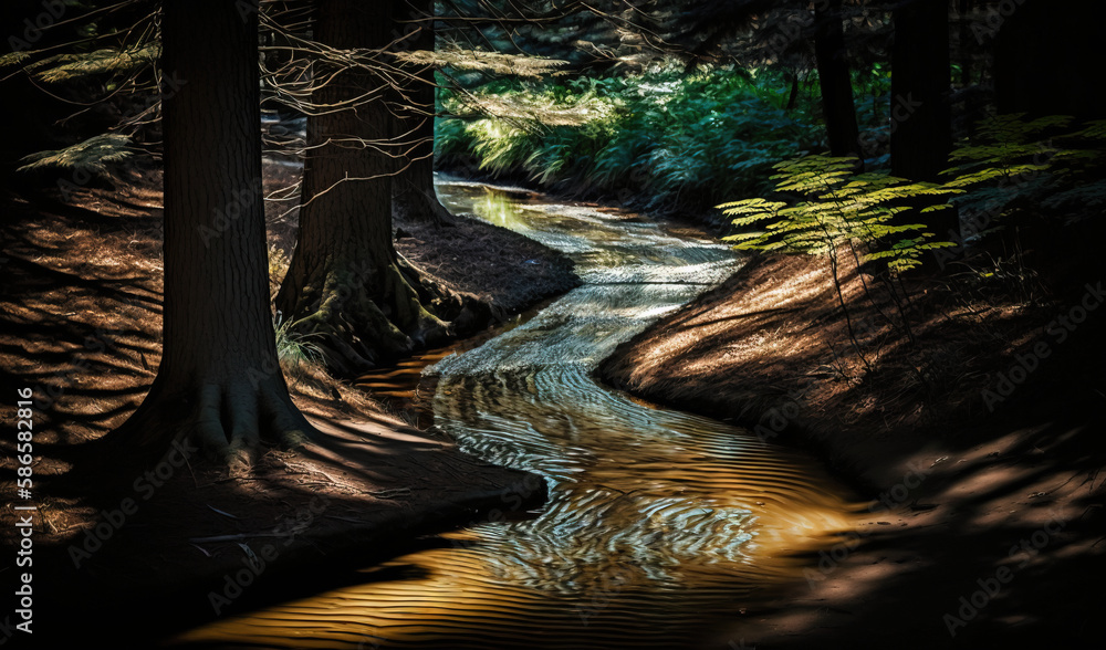 Aufkleber a stream running through a forest filled with lots of trees and grass on both sides of the stream is