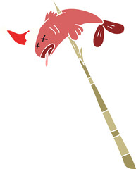 flat color illustration of a fish speared wearing santa hat
