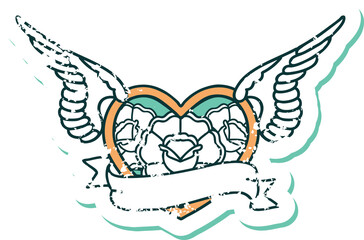 distressed sticker tattoo style icon of a flying heart with flowers and banner