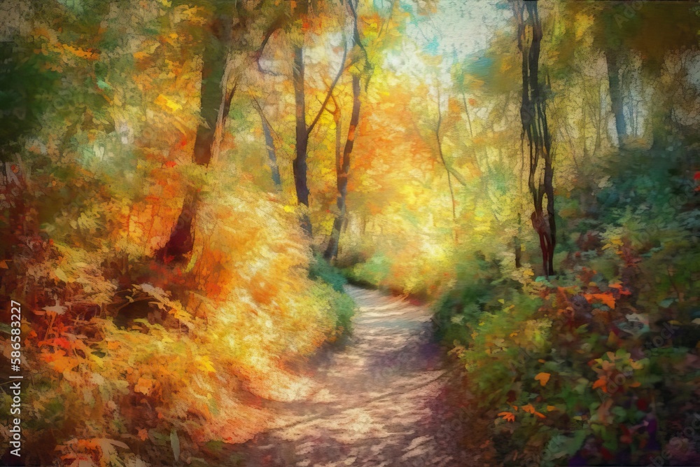 Wall mural serene forest pathway surrounded by tall trees and foliage. generative ai