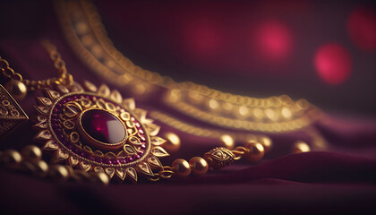 Abstract jewellery background with shiny red ruby gemstone. Horizontal background with copy space. AI generative image.