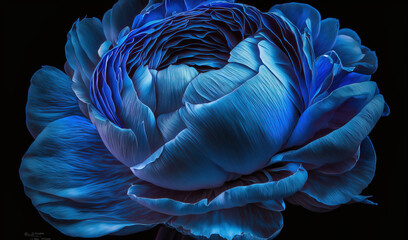 Obraz premium a large blue flower on a black background with a black back ground and a black back ground with a black back ground and a blue flower in the center. generative ai