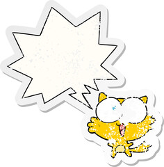 cute cartoon crazy cat and speech bubble distressed sticker