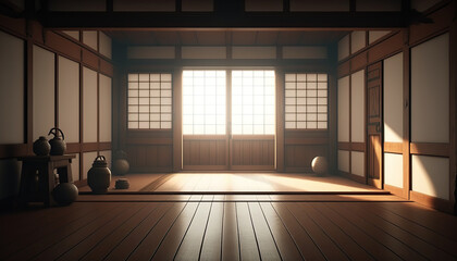 Oriental interior with window and mat on floor, sport hall for martial art classes. Indoor background. AI generative image.