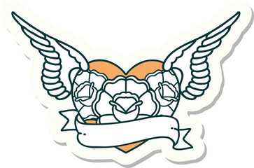 tattoo style sticker of a flying heart with flowers and banner