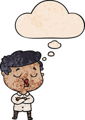 cartoon man talking and thought bubble in grunge texture pattern style