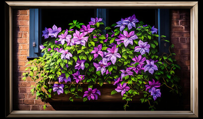  a painting of purple flowers in a window box on a brick wall with blue windowsills and a brick wall behind it and a window with a wooden frame.  generative ai