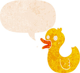 cartoon quacking duck and speech bubble in retro textured style