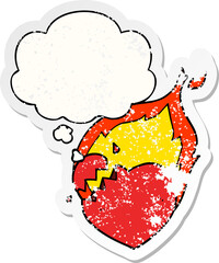cartoon flaming heart and thought bubble as a distressed worn sticker