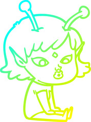 cold gradient line drawing pretty cartoon alien girl