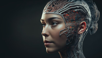 Biology and technology fusion concept. Close-up of a female cyborg revealing her bionic nature. Humanoid with Digital Brain. Generative AI