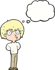 cartoon impressed boy with thought bubble