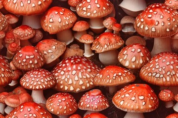 Beautiful fly agaric fungal seamless patter. Wrapping paper endless texture with amanita mushrooms. Fabric design template. AI generative image.