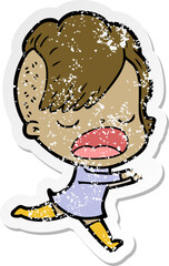 distressed sticker of a cartoon cool hipster girl talking