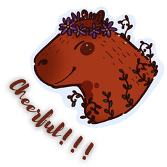 Capybara in a flower wreath. Digital illustration. Funny sticker. Cute animals.