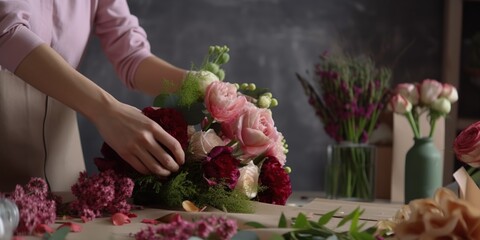 Beautiful panoramic banner with female master florist at work, hands arranging bouquet of fresh flowers. AI generative image.